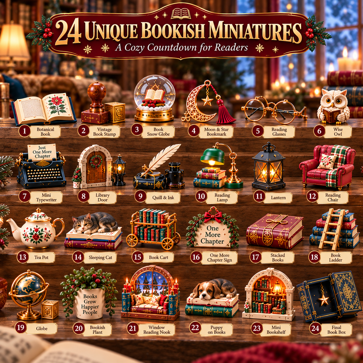 24 unique bookish miniatures